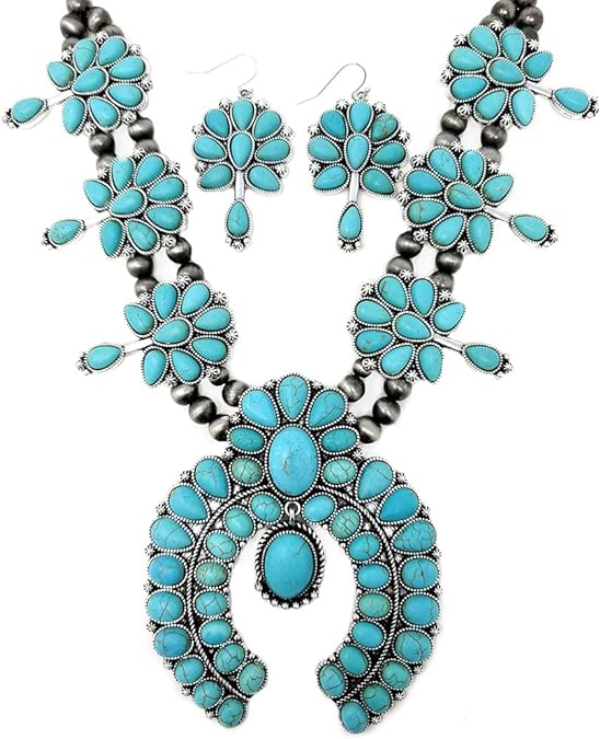 Emulily Chunky Western Squash Blossom Statement Necklace and Earrings Set Navajo Pearl