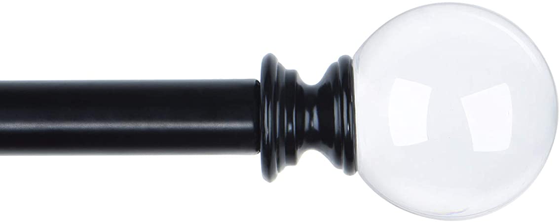 KAMANINA 1 Inch Curtain Rods, Transparent Round Finials, 2-Pack, Black, 36 to 72 Inches