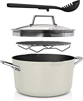 Ninja CW202WH Foodi NeverStick PossiblePot, Premium Set with 7-Quart Capacity Pot, Roasting Rack, Glass Lid & Integrated Spoon, Nonstick, Durable & Oven Safe to 500°F, Vanilla Bean