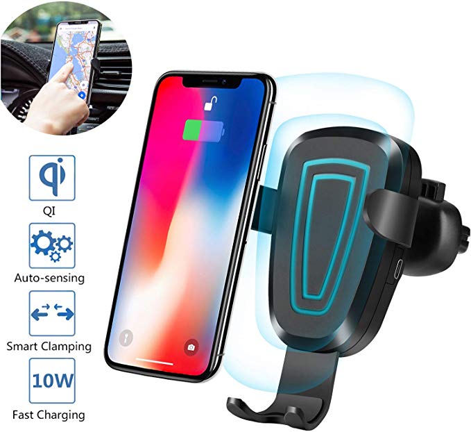 WADEO Wireless Car Charger Mount,Automatic Clamping Qi 10W 7.5W Fast Charging Car Mount,Adjustable Gravity Air Vent Cell Phone Charger Holder for iPhone 8/8 Plus/Xs/Xs Max/XR/X,Galaxy S8/S9/S9 /Note 5