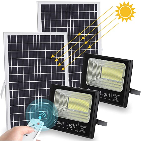 200W Solar Flood Lights Outdoor Dusk to Dawn 20000 LM Remote Control Solar Powered Flood Light IP67 Waterproof White 6500K (2 Pack)