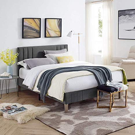 Classic Brands DeCoro Chicago Channel Tufted Upholstered Platform Bed | Headboard and Wood Frame with Wood Slat Support, Queen, Antonio Mid Night