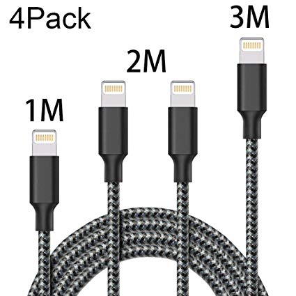 ONSON Lightning Cable, 4Pack 1M 2M 2M 3M Nylon Braided iPhone Charger Cable Charging Lead Cord USB Wire for for iPhone X/8/8 Plus/7/7 Plus/6S/6S Plus/6/6 Plus/SE/5S/5C/ SE, iPad Pro / Air / Mini, iPod Touch 5/6-Black White