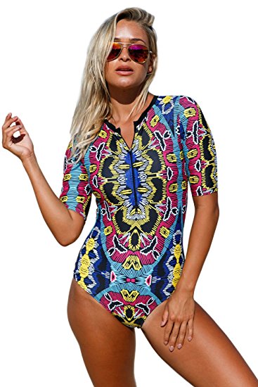 EVALESS Womens Zip Front Printed Short Sleeve One Piece Swimsuit