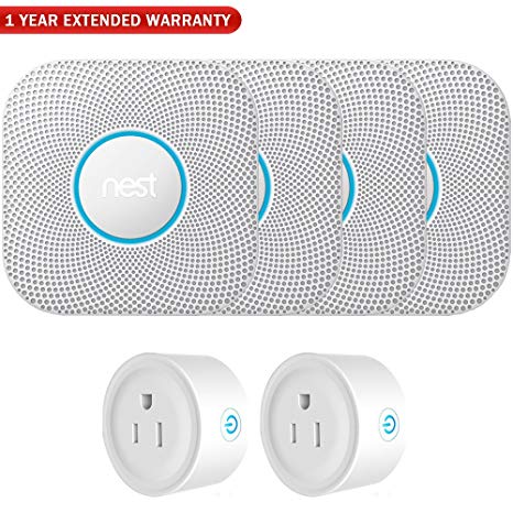 Nest S3000BWES Protect 2nd Gen Smoke/Carbon Monoxide Alarm - Battery (4-Pack)  2 Pack Wifi Smart Plug   1 Year Extended Warranty