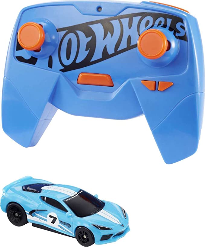 Hot Wheels RC 1:64 Scale C8 Corvette Rechargeable Radio-Controlled Vehicle, Works On & Off Track, Turbo Speed Button, Includes Ramp Connector, Gift for Kids 6 Years Old & Up