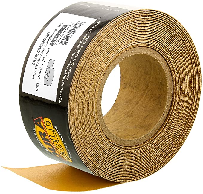 Dura-Gold - Premium - 320 Grit Gold - Longboard Continuous Roll 20 Yards long by 2-3/4" wide PSA Self Adhesive Stickyback Longboard Sandpaper for Automotive and Woodworking
