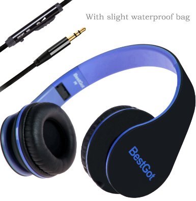 Headphones, BestGot Headphones for Kids Adult with Microphone In-line Volume, Included Transport Waterproof Bag for iPhone 5s/6/6s Plus/6s Plus, iPad/iPod, Android Device MP3/4, black/blue