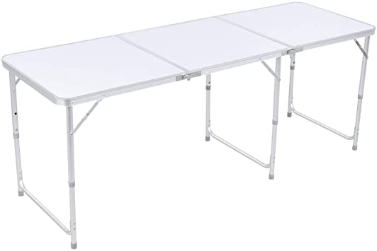 GARTIO 6FT Aluminum Folding Table, Tri-Fold, Height Adjustable Portable Lightweight Camping Beach Dining Utility Desk, with Handles, for Indoor Outdoor Garden Picnic Party. White