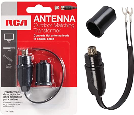 RCA VH101R Outdoor Matching Transformer, Converts Flat Antenna Leads to Coaxial Cable, Connects a Coaxial F Connector Input on a TV to a Flat Antenna 300 Ohm Wire Lead