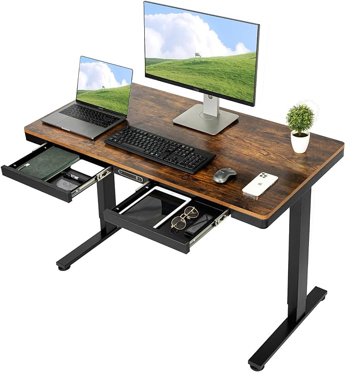 TOPSKY Electric Adjustable Standing Desk with Drawers and Charging USB Port, 47.2"x23.6" Whole-Piece Quick Install Computer Laptop Table for Home and Office (Rustic Brown, 47.2")