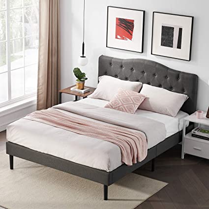 VECELO Classic Upholstered Platform Bed Diamond Stitched Cloth Panel Headboard/Mattress Foundation/Easy Assembly/Strong Slat Support, Queen, Dark Grey