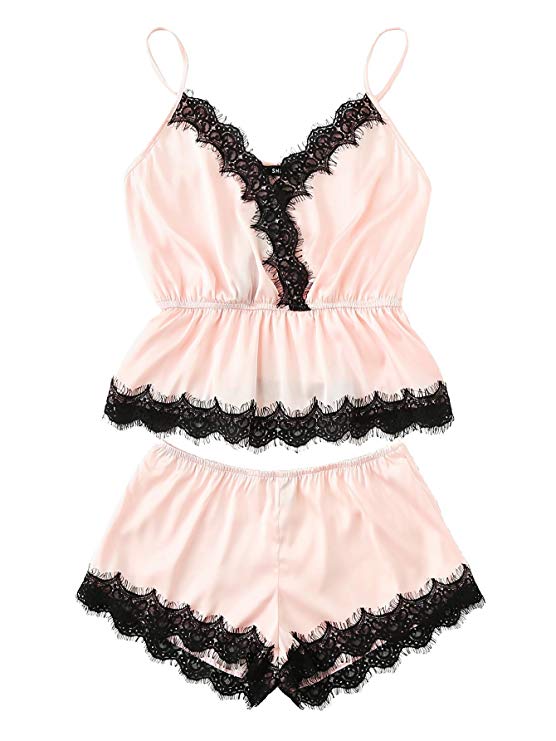 DIDK Women's Lace Trim Satin Cami and Shorts Pajama Set