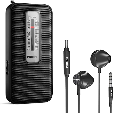 Philips FM/AM Portable Pocket Radio, Battery Powered Radio, Telescopic Antenna   Philips Headphones