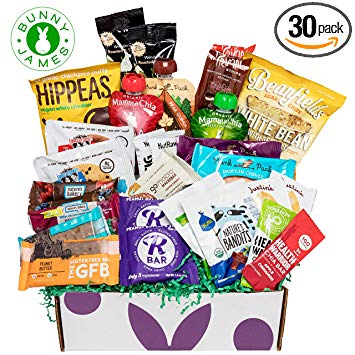 Deluxe Vegan Protein Snacks Box: Mix of Healthy Vegan Protein Bars, Cookies, Vegan Jerky, Chips & Nuts Health Care Package Gift Box (30 Count)