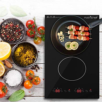 Dual 120V Electric Induction Cooker - 1800w Portable Digital Ceramic Countertop Double Burner Cooktop w/Countdown Timer - Works w/Stainless Steel Pan/Magnetic Cookware - NutriChef