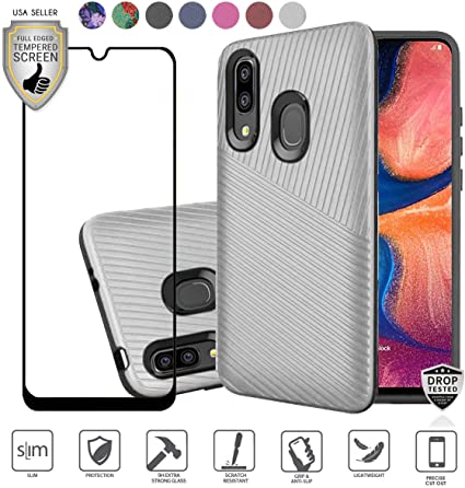 Compatible for Samsung Galaxy A20/A205/A50/A30 Hybrid Phone Case, with [Full Tempered Glass Protector], Tough Textured Lined Dual Layer [Shockproof] Hard TPU Cover (White)