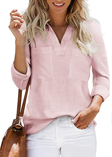 Zeagoo Womens V Neck Shirts Collared Roll up Long Sleeve Blouses Casual Work Tops