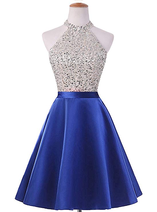 HEIMO Women's Sequined Keyhole Back Homecoming Dresses Beaded Prom Gowns Short H198