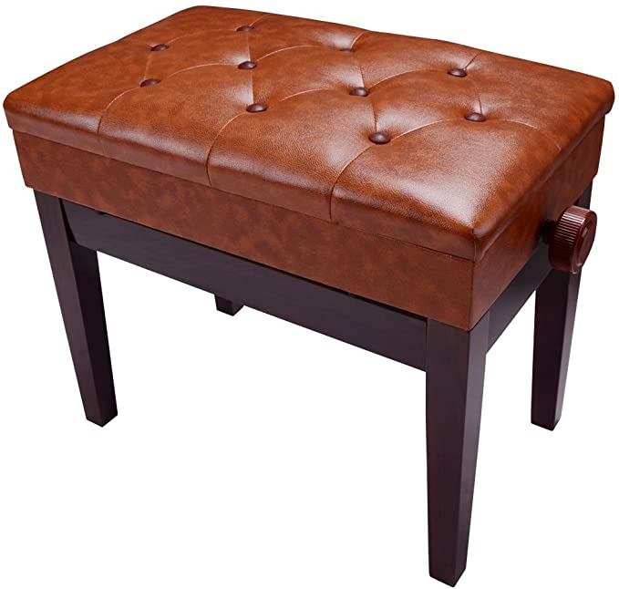 AW Piano Bench Stool Adjustable Height Leather Padded Wooden Keyboard Seat with Music Storage Brown