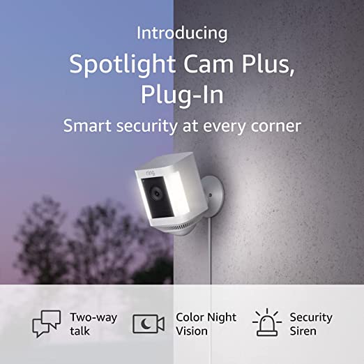 Introducing Ring Spotlight Cam Plus, Plug-in | Two-Way Talk, Color Night Vision, and Security Siren (2022 release) - White