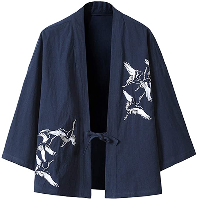 PRIJOUHE Men's Japanese Fashion Kimono Cardigan Plus Size Jacket Yukata Casual Cotton Linen Seven Sleeve Lightweight