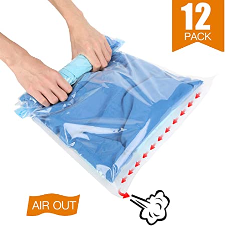 KIWISE Space Saver Bags, No Vacuum Pump Roll Up Compression Storage Bags Clothes for Travel