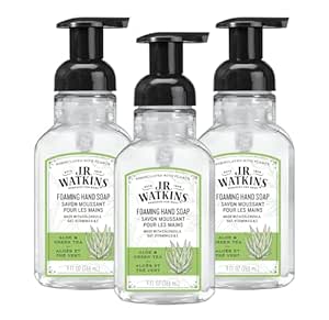 J.R. Watkins Foaming Hand Soap with Pump Dispenser, Moisturizing Foam Hand Wash, All Natural, Alcohol-Free, Cruelty-Free, USA Made, Aloe & Green Tea, 9 fl oz, 3 Pack