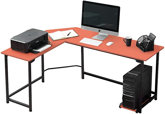 VECELO L Shaped Desk 66" with CPU Stand/PC Laptop Study Writing Table Workstation for Home Office Wood & Metal, Orange Black Leg