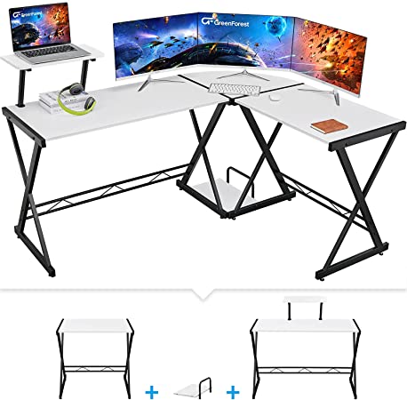 GreenForest L Shaped Desk 64? Large Size Reversible Corner Computer Desk with Movable Shelf and CPU Stand, Gaming Desk with Sturdy X Leg Space Saving Home Office Workstation Table, White