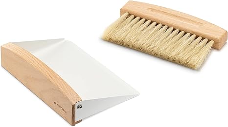 Navaris Small Dustpan and Brush Set - Wooden Mini Dust Pan Brush for Sweeping Table Tabletop - Compact Horsehair Brush for Sweeping Countertop - White