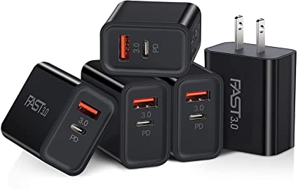 USB C Power Adapter, Boxeroo 5-Pack 20W Dual-Port Wall Charger Plug, PD Fast Charger, Type USB C Charger with Quick Charger 3.0 Compatible iPhone 12/ Mini/Pro Max/11/11 Pro Max/Galaxy/Pixel and More