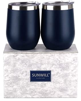 SUNWILL Insulated Wine Tumbler with Lid Navy Blue 2 pack, Double Wall Stainless Steel Stemless Insulated Wine Glass 12oz, Durable Insulated Coffee Mug, for Champaign, Cocktail, Beer, Office