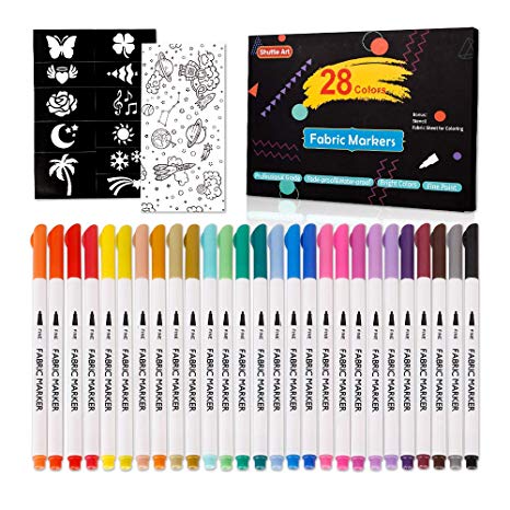 28 Colors Fabric Markers, Shuttle Art Fabric Markers Permanent Markers for T-Shirts Clothes Sneakers Jeans with 11 Stencils 1 Fabric Sheet,Permanent Fabric Pens for Kids Adult Painting Writing