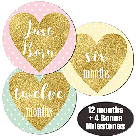 Baby Girl Gold Heart Monthly Stickers - Great Shower Registry Gift or Scrapbook Photo Keepsake