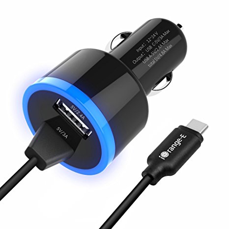 Type C Car Charger, iOrange-E 24 W Dual USB Car Charger with 3.3ft Build-in Type C Cable for Nexus 6P, 5X, OnePlus 2, LG G5 and USB Port for iPhone 6, 6S, Samsung Galaxy, HTC and More, Black