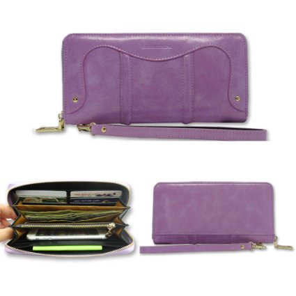 Belfen Women Soft genuine leather Zipper Wallet Wristlet Evening Purse Case Handbag with Wrist Strap/Credit Card Holder/Cash pocket- for Apple iPhone 6[Up to 6.2 x 3.1*0.3 Inch Cellphone]-Violet