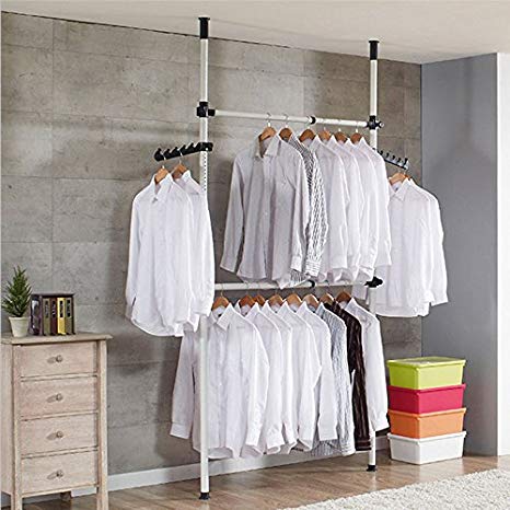 Zerone Garment Rack, 2 Poles 2 Bars Telescopic Coat Hanger DIY Detachable Clothes Wardrobe Hanging Rail Rack Stand Storage Shelving, 60kg Loading per Horizontal Bar, Adjustable 9.2ft- 10.8ft