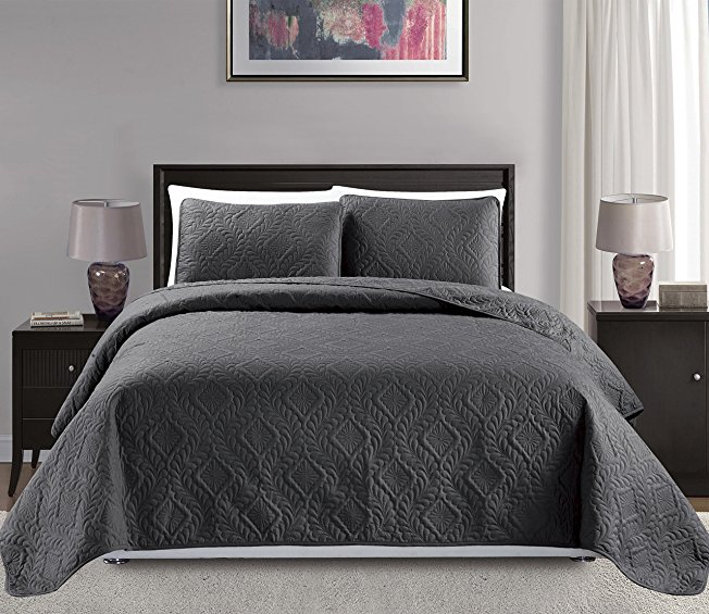 Mk Collection King/California king over size 118"x106" 3 pc Diamond Bedspread Bed-cover Embossed solid Dark Grey/Charcoal New