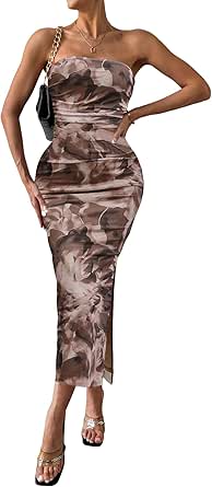 Milumia Women's Printed Strapless Tube Top Long Dress Slit Hem Sleeveless Bodycon Maxi Dresses