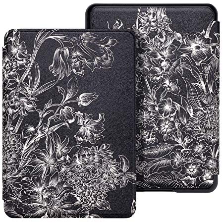 WALNEW Case Fits Kindle Paperwhite 10th Generation 2018 Protective Slim PU Leather Case Smart Auto Wake/Sleep Cover Compatible Kindle Paperwhite 10th Gen 2018 Released (A-Black Flower)