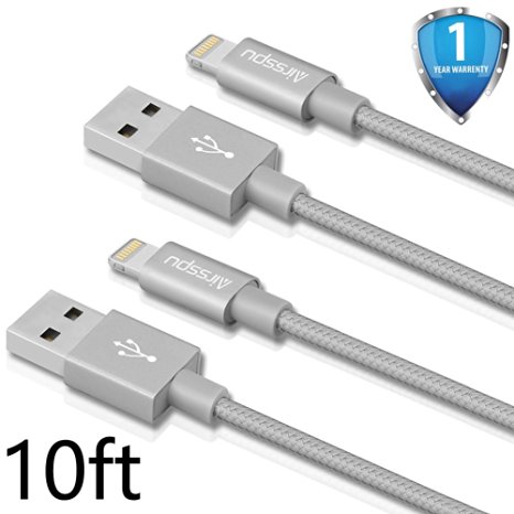 Airsspu Lightning Cable,2Pack 10FT Extra Long USB Cable Nylon Braided Lightning Sync and Charging Cord for iPhone 5/5S/5C/SE 6/6S 6 Plus/6S Plus 7/7 Plus, iPad mini/Air/Pro iPod touch/nano 7 (Gray)