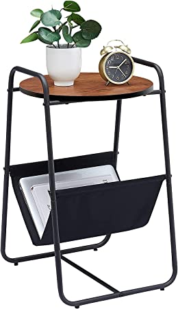 VECELO Modern Round Side/End Table, Small Bedside Nightstand with Magazine Holder for Office Living Room Bedroom Balcony, Easy Assembly, 1 Pack, Brown