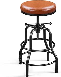 Yaheetech Industrial Bar Stools Vintage Counter Height Bar Stool with Round Faux Leather Seat Metal Stool Adjustable Kitchen Stool 21.5-28 Inch Tall Light Brown, 1PCS