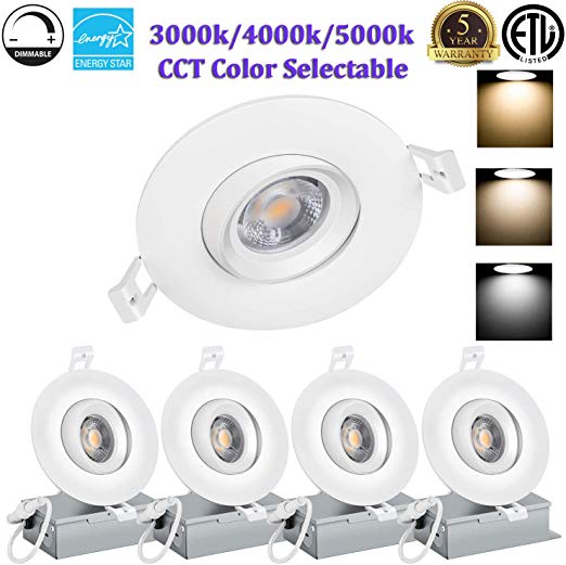 (4 Pack)4 inch led Gimbal Eyeball Downlight-Directional Adjustable, 12W=(100W) Dimmable LED Retrofit Recessed Lighting Fixture with Junction Box,1100lm,3000K,4000K,5000K Color Selectable,120V, ETL ES