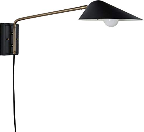 Rivet Mid-Century Swiveling Long Arms, Pivoting Head, Plug-In, Hardwire or 2-in-1 Option Wall Sconce with Bulb, 11"H, Matte Black with Antique Brass