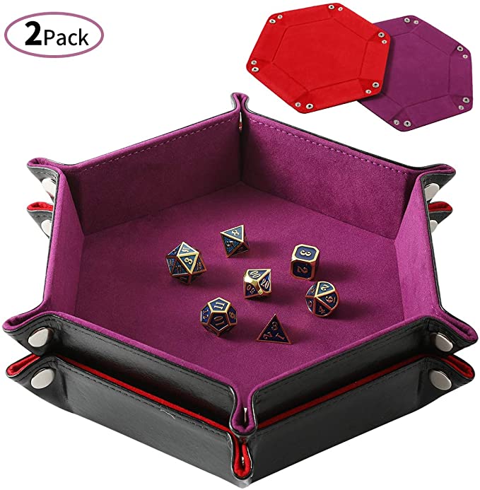 Highway 2 Pcs Portable Folding Dice Rolling Tray Set for RPG DND Table Games - PU Leather and Velvet Holder Storage Box - Red and Violet