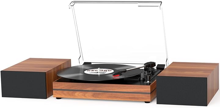 seasonlife Record Player for Vinyl with External Speakers, Belt-Drive Turntable Dual Stereo Speakers Vintage LP Support 3 Speed Wireless AUX Headphone Input Auto Stop Music Lover Walnut Red (S612)