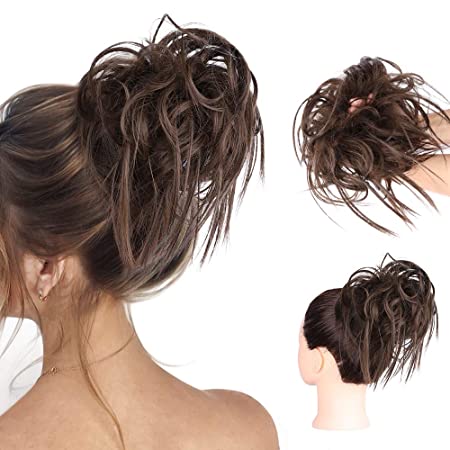 HMD Messy Bun Hair Piece Hair With Elastic Rubber Band Extensions Hairpiece Synthetic Hair Extensions Scrunchies Hairpiece for Women (Tousled Updo Bun, Medium Dark Brown)