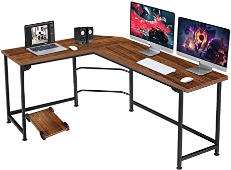 VECELO Modern Large Corner Computer Desks L-Shaped with CPU Stand/PC Laptop Study Writing Table Workstation for Home Office Wood & Metal, 66.3X18.9 inch, Walnut